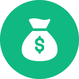 White money bag icon with dollar sign on green background.