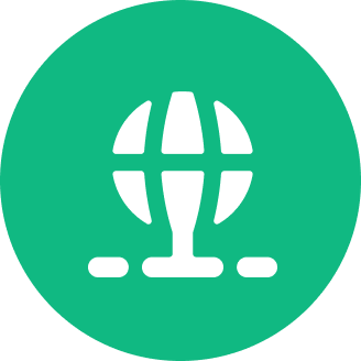Green circle with white globe icon.