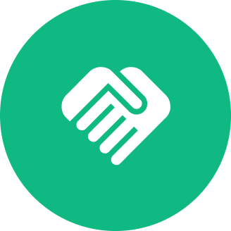 White handshake icon on green background.