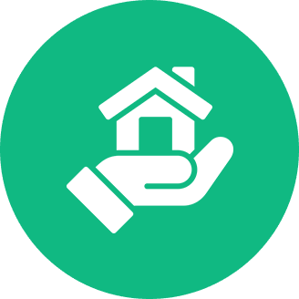 A hand holding a house symbol on a green background.