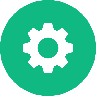 White gear icon on a green circular background.