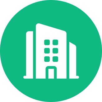 White building icon on a green background.