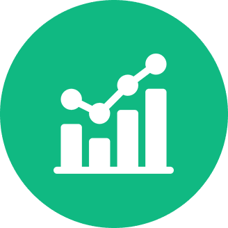White bar and line chart icon on green background.