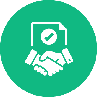 Handshake and document icon on green background.