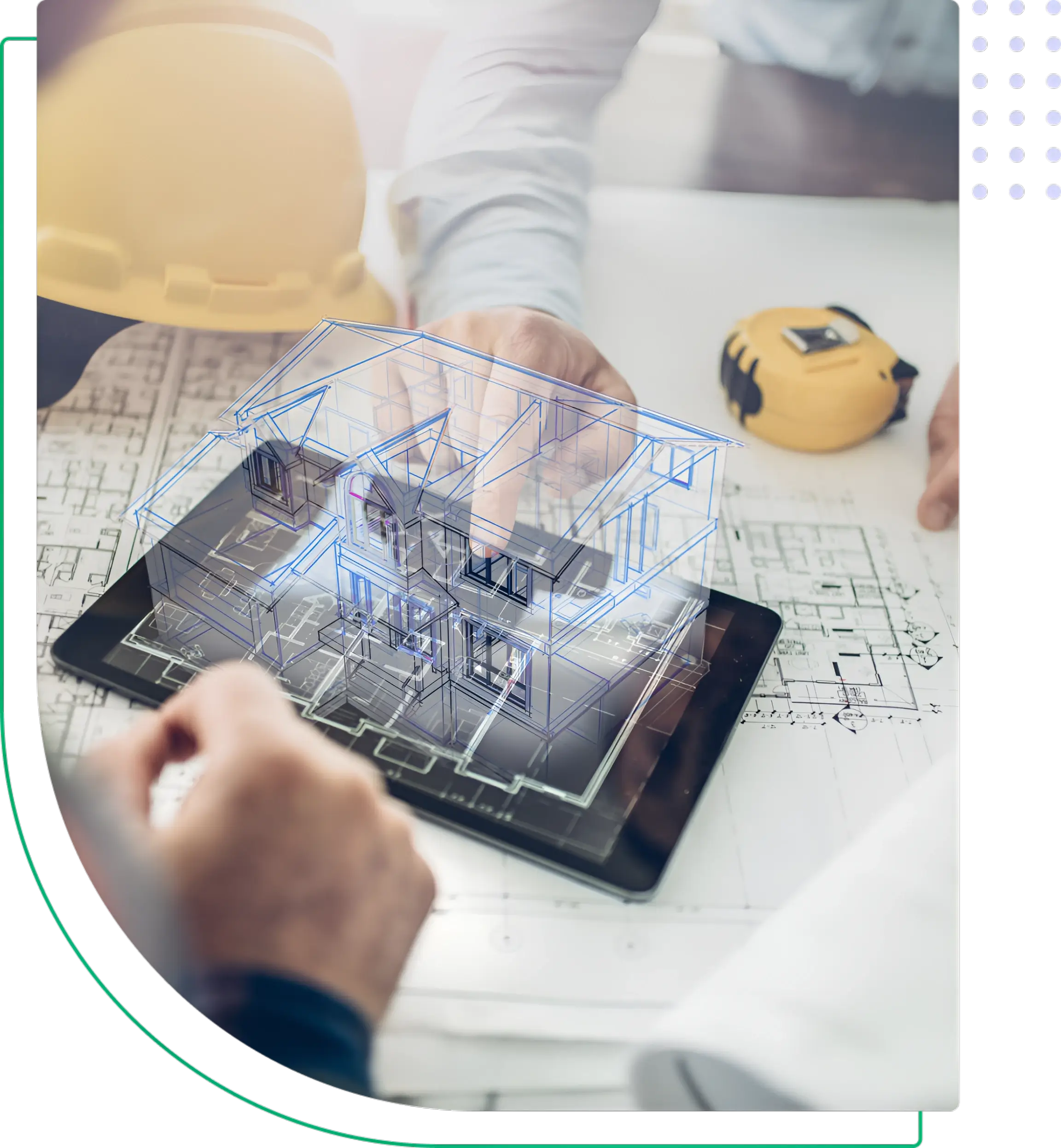 Tablet displaying 3D house model on blueprint.
